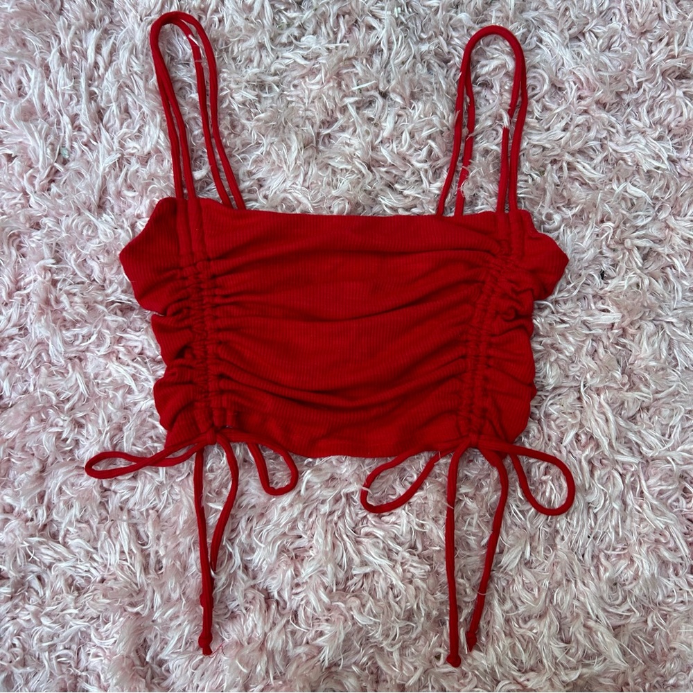 free people “other one” cherry ruched cropped cami, adjustable ties, size small